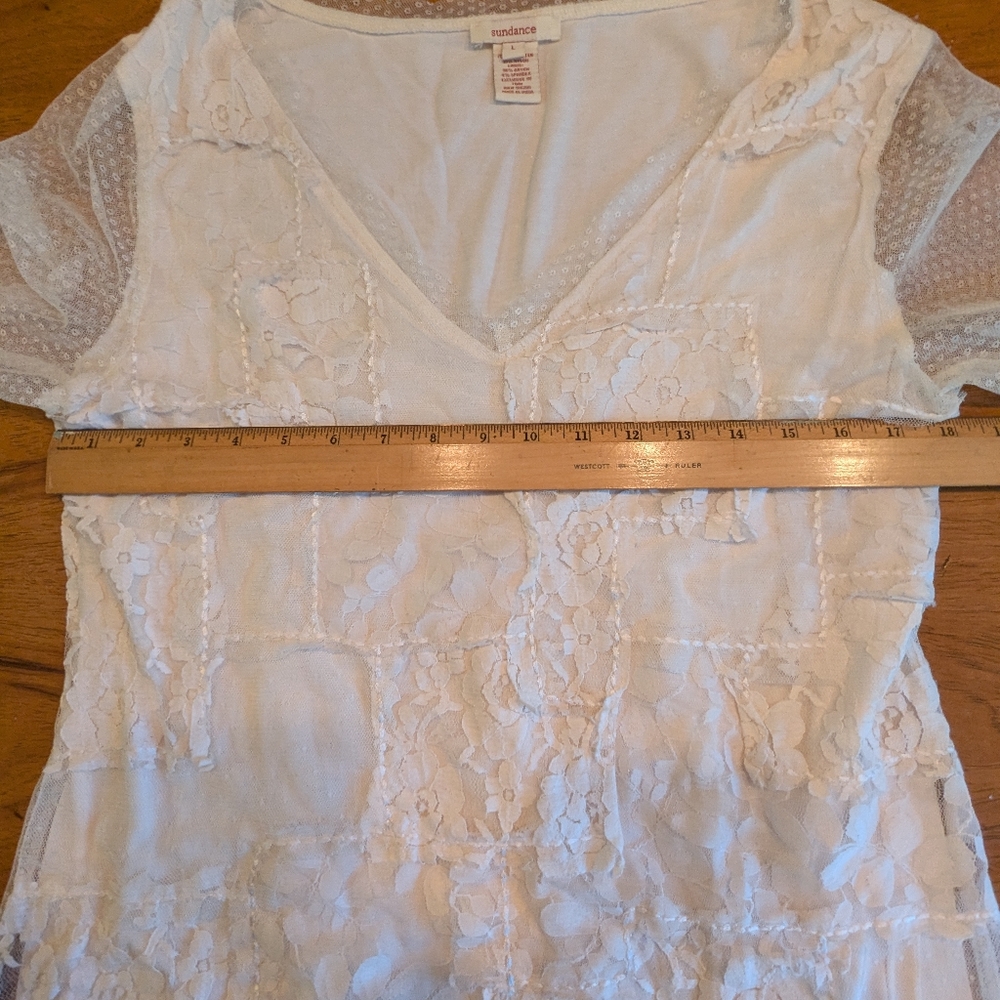 Sundance floral lace top, sheer sleeves, size large, winter white - Picture 4 of 8